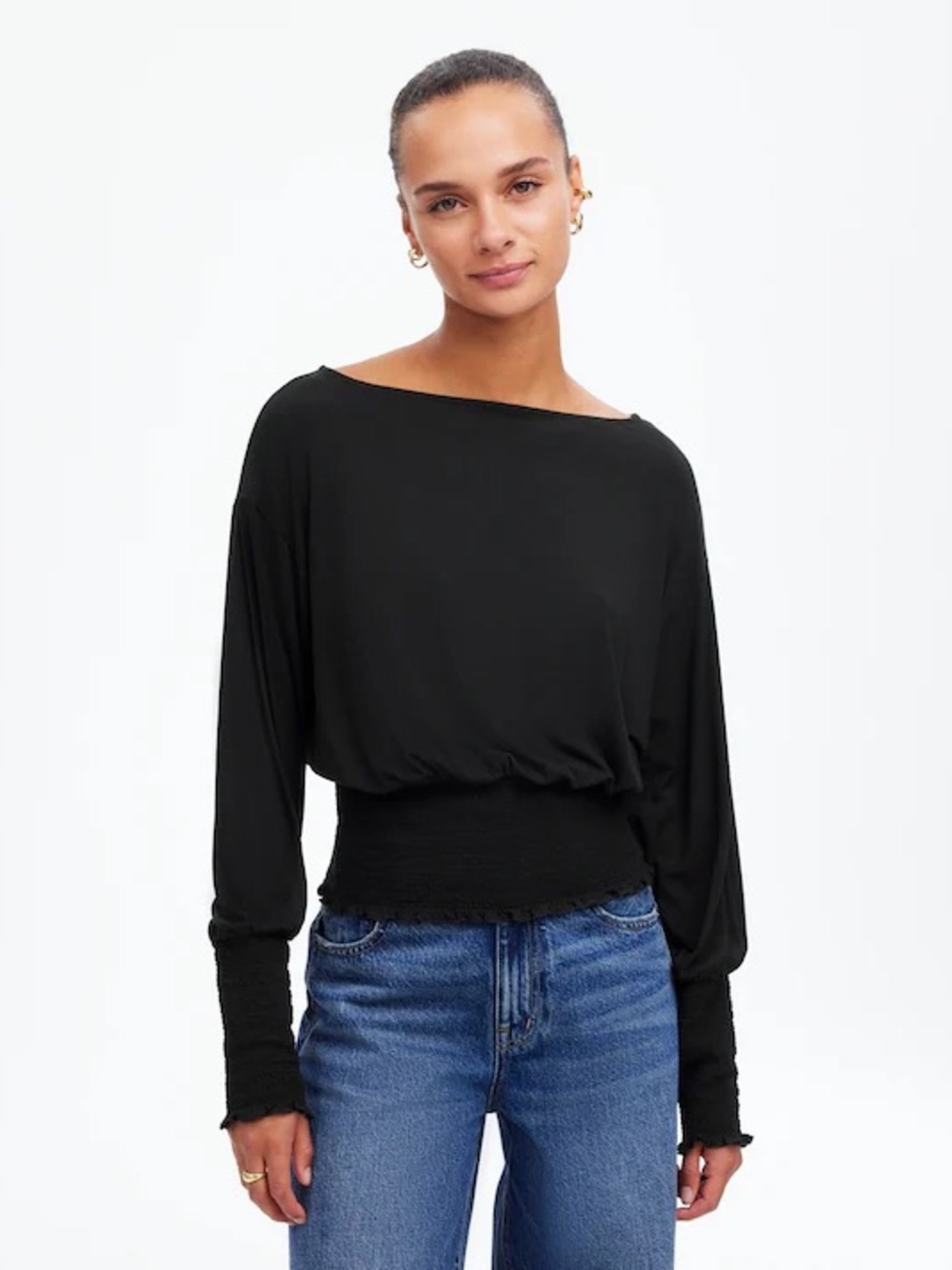 Madewell Cinched Long-Sleeve Top Women's Black Boatneck Smocked-Waist Top